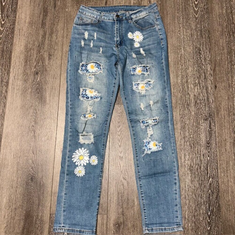 Floral Patch Distressed Ripped Blue Be Kind Patch Denim Jeans Wear Size S Small